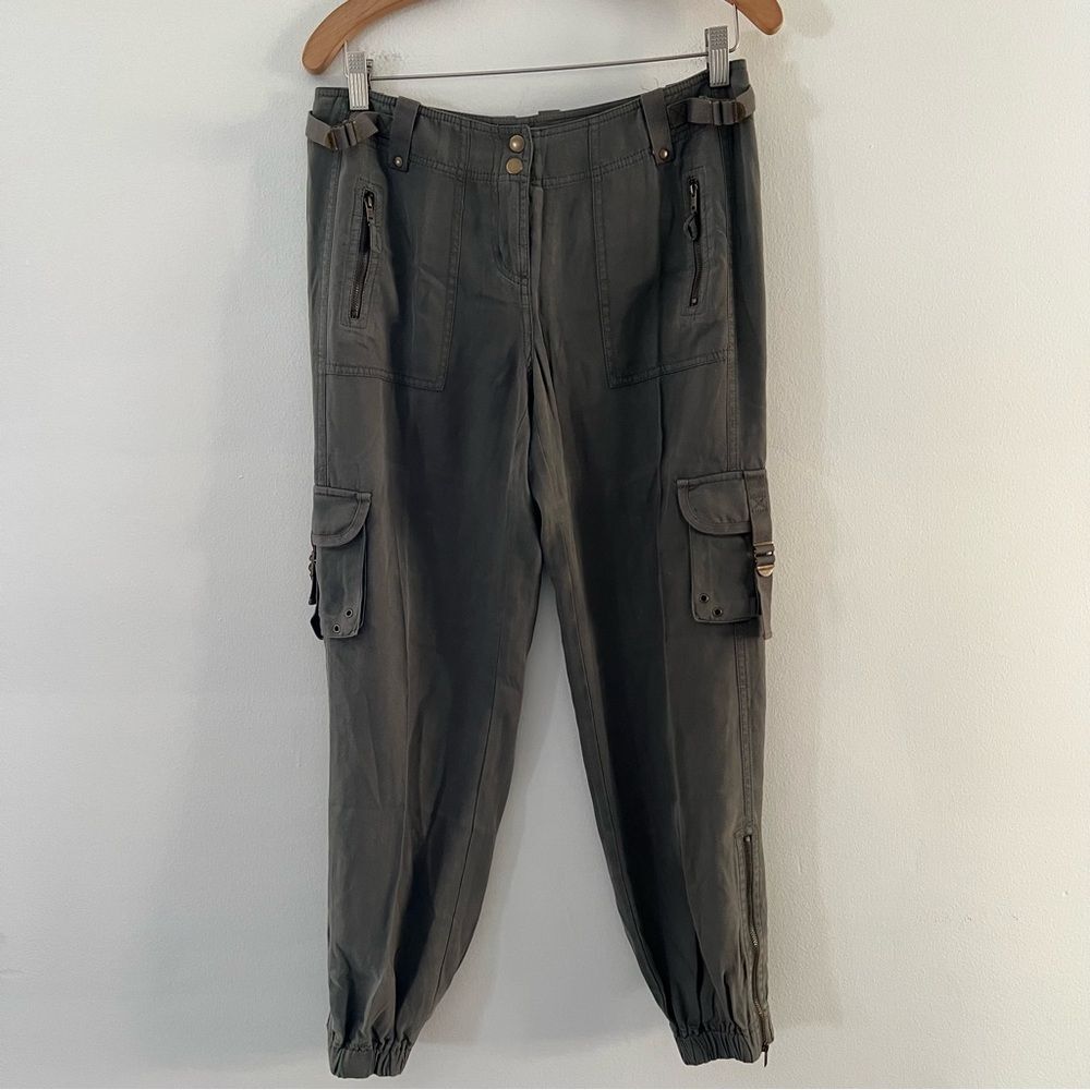 100% Silk Cargo Pants Joggers Olive Army Green Size 8 Petite Military Minimalism
